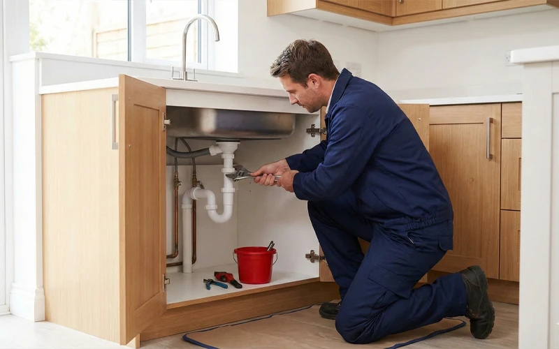 Plumber repairing residential plumbing system